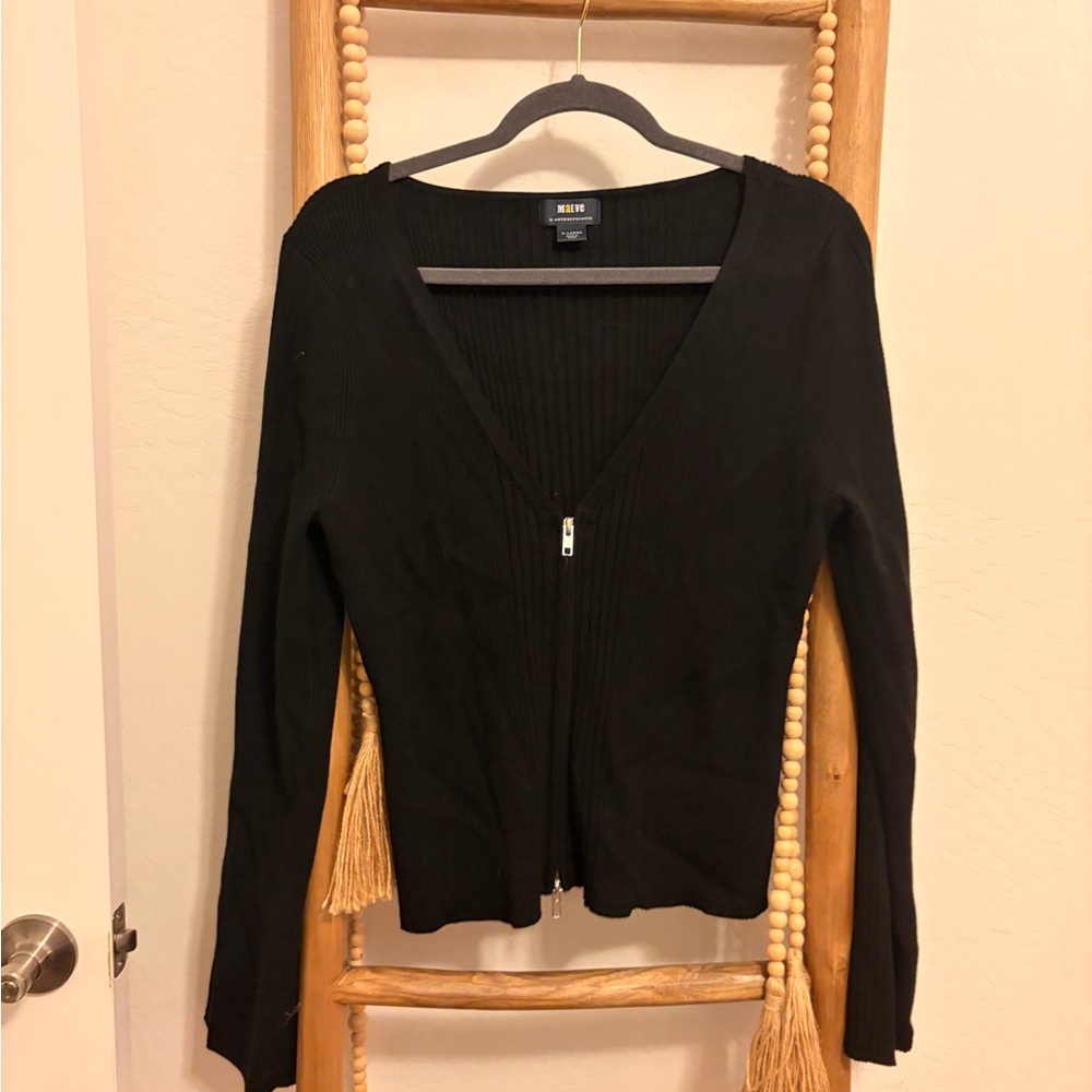 Maeve Black Ribbed Zip-Front Women's Sweater